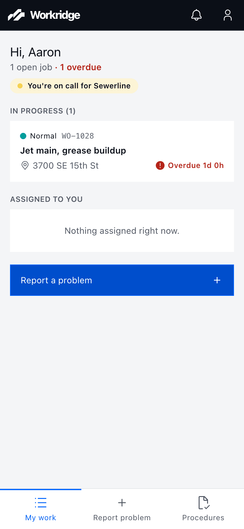 A crew member's home screen on a phone: their jobs and a Report a problem button